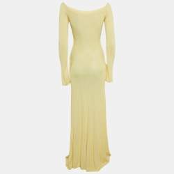 Jacquemus Yellow Stretch Knit Pleated Valensole Off-Shoulder Maxi Dress S