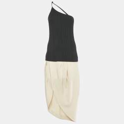 Pre Owned Jacquemus Black/Beige Rib Knit and Cotton Asymmetric Midi Dress M