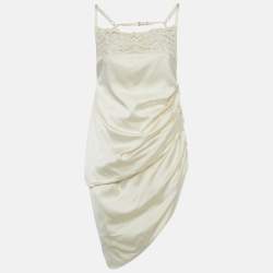 Pre Owned Jacquemus Cream Satin Asymmetrical Hem Saudade Slip Dress L