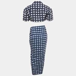 Pre Owned Jacquemus Navy Blue/White Checkered Silk Blend & Jersey Crop Top & Skirt Set S