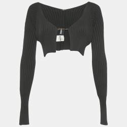 Pre Owned Jacquemus Black Rib Knit Logo Detail Crop Cardigan L