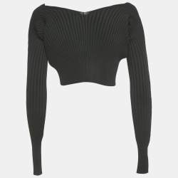 Pre Owned Jacquemus Black Rib Knit Logo Detail Crop Cardigan L