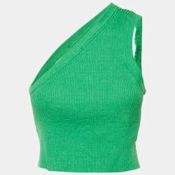 Pre Owned Jacquemus Green Linen Rib Knit One Shoulder Cropped Top S