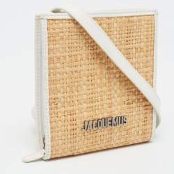 مملوكة مسبقًا Jacquemus White/Tan Raffia Logo Neck Strap Bag