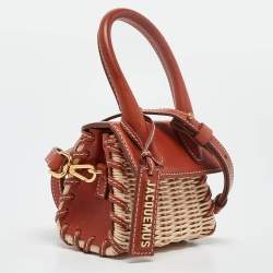 Jacquemus Brown/Cream Woven Rattan and Leather Wicker Le Chiquito Top Handle Bag