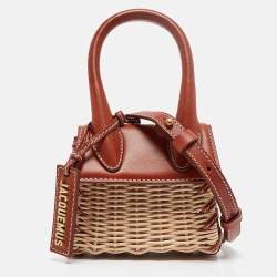 Jacquemus Brown/Cream Woven Rattan and Leather Wicker Le Chiquito Top Handle Bag