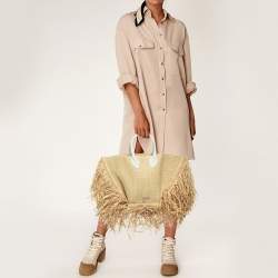 Pre Owned Jacquemus Beige Woven Raffia and Leather Le Baci Fringe Tote