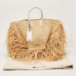 Pre Owned Jacquemus Beige Woven Raffia and Leather Le Baci Fringe Tote