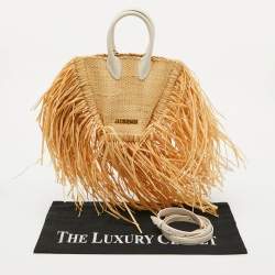Pre Owned Jacquemus White/Natural Leather and Raffia Let Petite Baci Tote