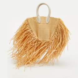 Jacquemus White/Natural Leather and Raffia Let Petite Baci Tote