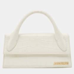 Jacquemus White Croc Embossed Leather Long Le Chiquito Top Handle Bag