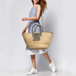 Pre Owned Jacquemus Green/Cream Woven Raffia and Nubuck Leather Le Panier Soleil Tote