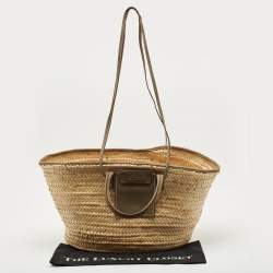 Pre Owned Jacquemus Green/Cream Woven Raffia and Nubuck Leather Le Panier Soleil Tote
