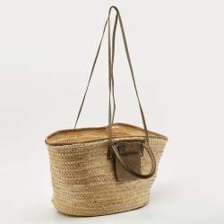 Pre Owned Jacquemus Green/Cream Woven Raffia and Nubuck Leather Le Panier Soleil Tote