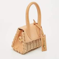 Pre Owned Jacquemus Beige/Cream Rattan and Leather Mini Wicker Le Chiquito Top Handle Bag