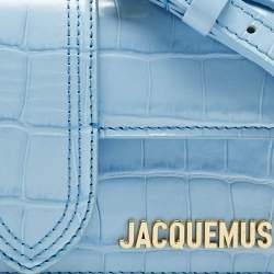 Pre Owned Jacquemus Light Blue Croc Embossed Leather Mini Le Bambino Top Handle Bag.