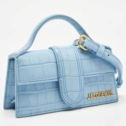 Pre Owned Jacquemus Light Blue Croc Embossed Leather Mini Le Bambino Top Handle Bag.