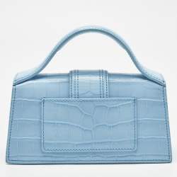 Pre Owned Jacquemus Light Blue Croc Embossed Leather Mini Le Bambino Top Handle Bag.