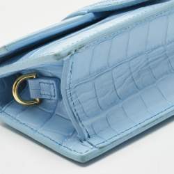 Pre Owned Jacquemus Light Blue Croc Embossed Leather Mini Le Bambino Top Handle Bag.