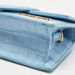 Pre Owned Jacquemus Light Blue Croc Embossed Leather Mini Le Bambino Top Handle Bag.