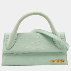 Pre Owned Jacquemus Light Green Croc Embossed Nubuck Leather Long Le Chiquito Top Handle Bag