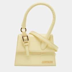 Pre Owned Jacquemus Yellow Croc Embossed Patent Leather Le Chiquito Moyen Boucle Top Handle Bag