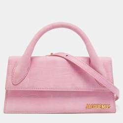 Pre Owned Jacquemus Le Chiquito Long Pink Croc Embossed Nubuck Leather Top Handle Bag