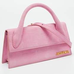 Pre Owned Jacquemus Le Chiquito Long Pink Croc Embossed Nubuck Leather Top Handle Bag