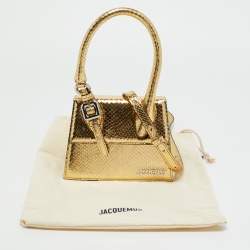 مملوكة مسبقًا Jacquemus Le Chiquito Moyen Boucle Gold Snakeskin Embossed Patent Leather Top Handle Bag