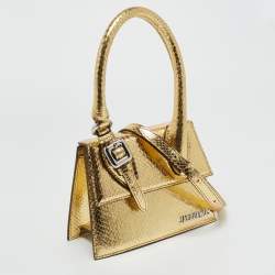 مملوكة مسبقًا Jacquemus Le Chiquito Moyen Boucle Gold Snakeskin Embossed Patent Leather Top Handle Bag