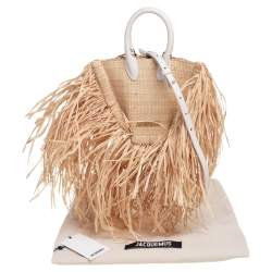 Pre Owned Jacquemus Cream/White Woven Raffia and Leather Let Petite Baci Shoulder Bag
