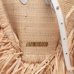 Pre Owned Jacquemus Cream/White Woven Raffia and Leather Let Petite Baci Shoulder Bag