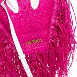 Jacquemus Fuchsia Woven Raffia and Leather Let Petite Baci Shoulder Bag