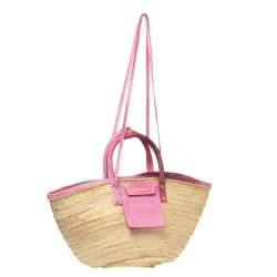 Pre Owned Jacquemus Pink/Cream Raffia and Nubuck Leather Le Panier Soleil Basket Bag 