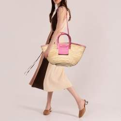 Pre Owned Jacquemus Pink/Cream Raffia and Nubuck Leather Le Panier Soleil Basket Bag 