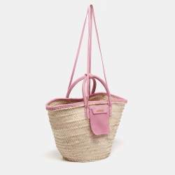 Pre Owned Jacquemus Pink/Cream Raffia and Nubuck Leather Le Panier Soleil Basket Tote
