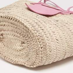 Pre Owned Jacquemus Pink/Cream Raffia and Nubuck Leather Le Panier Soleil Basket Tote