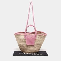 Pre Owned Jacquemus Pink/Cream Raffia and Nubuck Leather Le Panier Soleil Basket Tote