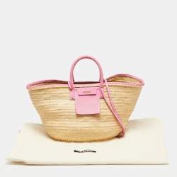 Pre Owned Jacquemus Pink/Cream Raffia and Nubuck Leather Le Panier Soleil Basket Tote