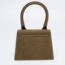 Jacquemus Khaki Green Croc Embossed Nubuck Leather Moyen Le Chiquito Top Handle Bag