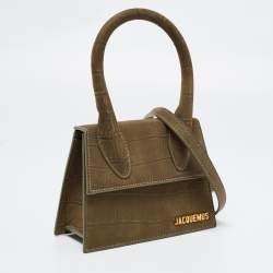 Jacquemus Khaki Green Croc Embossed Nubuck Leather Moyen Le Chiquito Top Handle Bag
