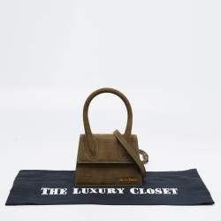 Jacquemus Khaki Green Croc Embossed Nubuck Leather Moyen Le Chiquito Top Handle Bag