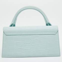 Pre Owned Jacquemus Light Blue Croc Embossed Nubuck Leather Long Le Chiquito Top Handle Bag