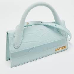 Pre Owned Jacquemus Light Blue Croc Embossed Nubuck Leather Long Le Chiquito Top Handle Bag