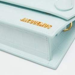 Pre Owned Jacquemus Light Blue Croc Embossed Nubuck Leather Long Le Chiquito Top Handle Bag