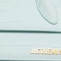 Pre Owned Jacquemus Light Blue Croc Embossed Nubuck Leather Long Le Chiquito Top Handle Bag