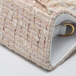 Pre Owned Jacquemus White/Beige Woven Canvas and Leather Mini Espelho Fringe Bag
