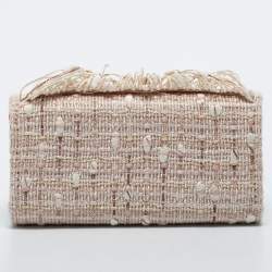 Pre Owned Jacquemus White/Beige Woven Canvas and Leather Mini Espelho Fringe Bag