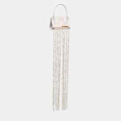 Pre Owned Jacquemus White/Beige Woven Canvas and Leather Mini Espelho Fringe Bag