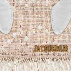 Pre Owned Jacquemus White/Beige Woven Canvas and Leather Mini Espelho Fringe Bag